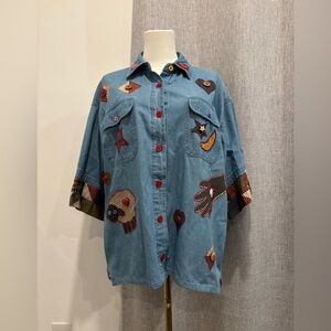Vintage American Rave Embroidered Denim Button-Up Shirt size XL